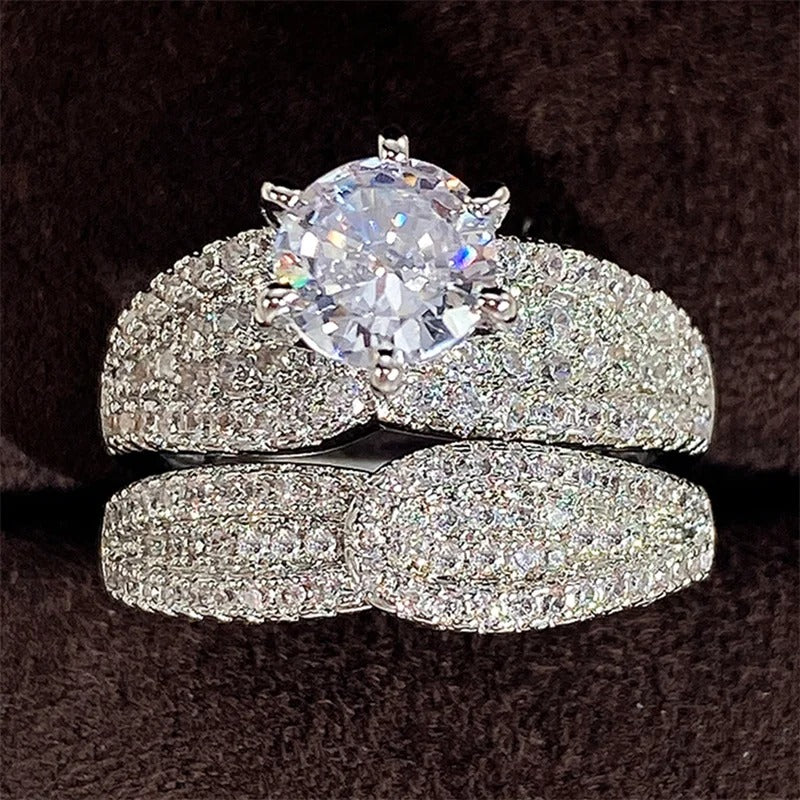 Huitan Bridal Sets Rings with Sparkling Cubic Zircon Luxury Trendy Wedding Engagement 2Pcs Rings for Women Eternity Love Jewelry