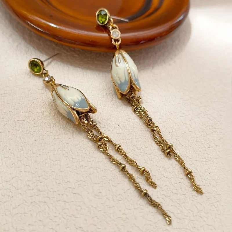 Trendy Jewelry Green Glass Pretty Lotus Long Chain Dangle Earrings For Women Girl Party Wedding Gift 2023 New