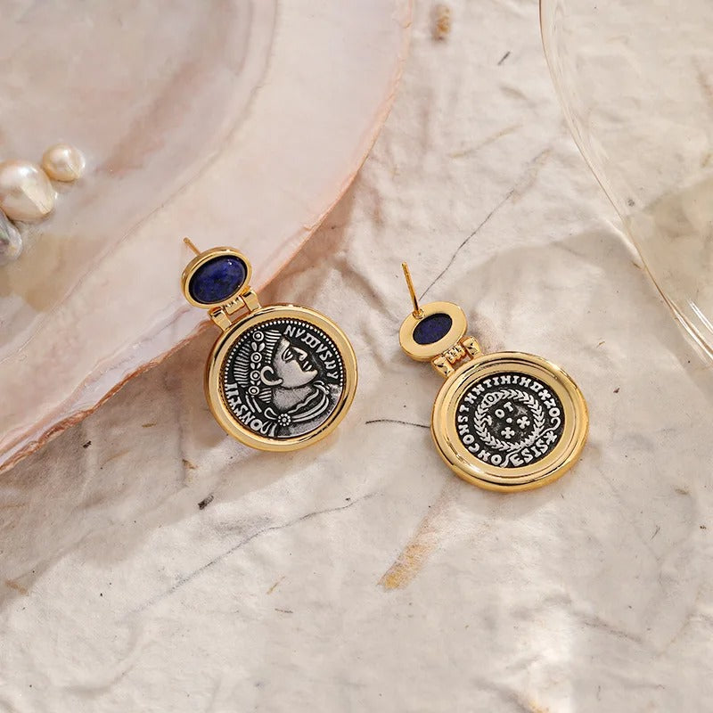 women gold plated luxury ancient portrait coin earrings