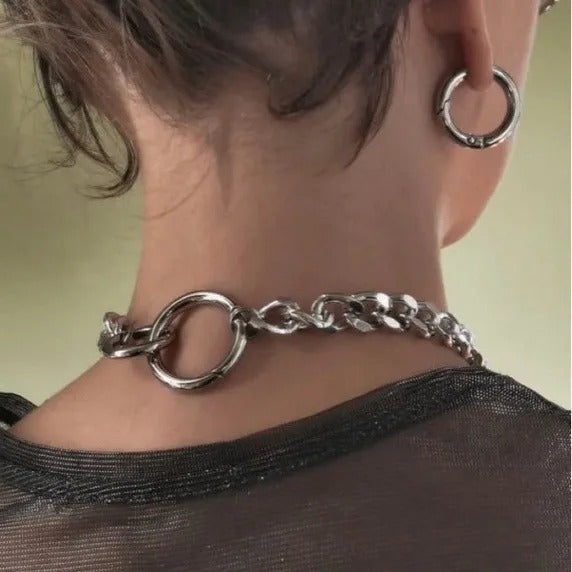 1 Pc Trendy Round Geometric Hollow Punk Personality Silver Color Heavy Chain Necklace Women Men Party Daily Gift Jewelry