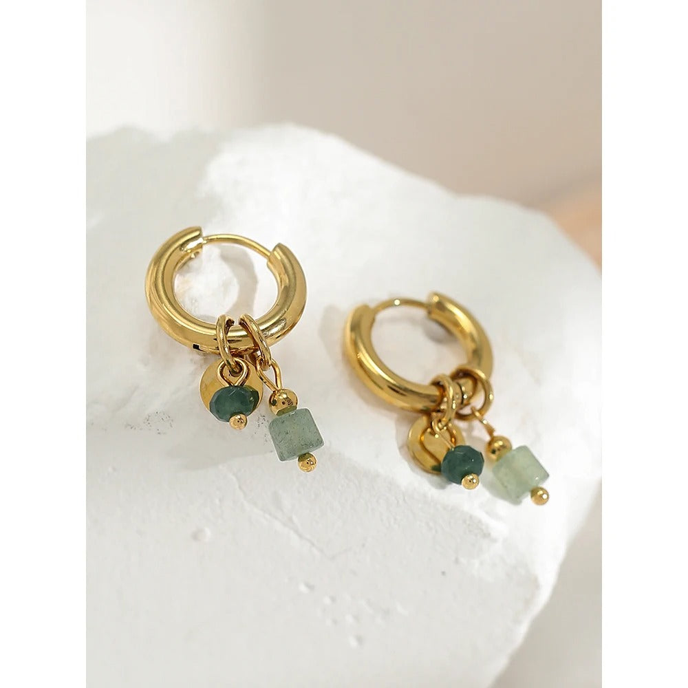 Women Gold Plated Stainless Steel Hoop Earrings Green Stone Charms