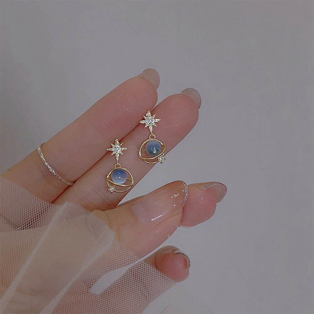 Cosmic star and river earrings for women, unique blue opal niche planet earrings, versatile ear jewelry