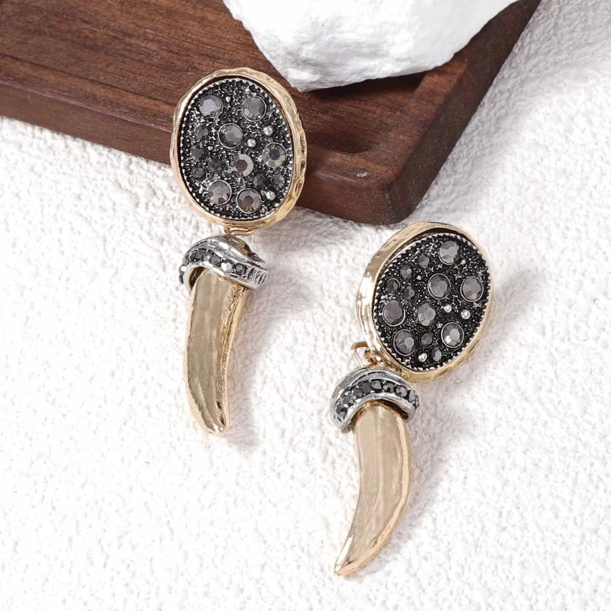New Vintage Metal Horn Dangle Earrings with Rhinestones Women