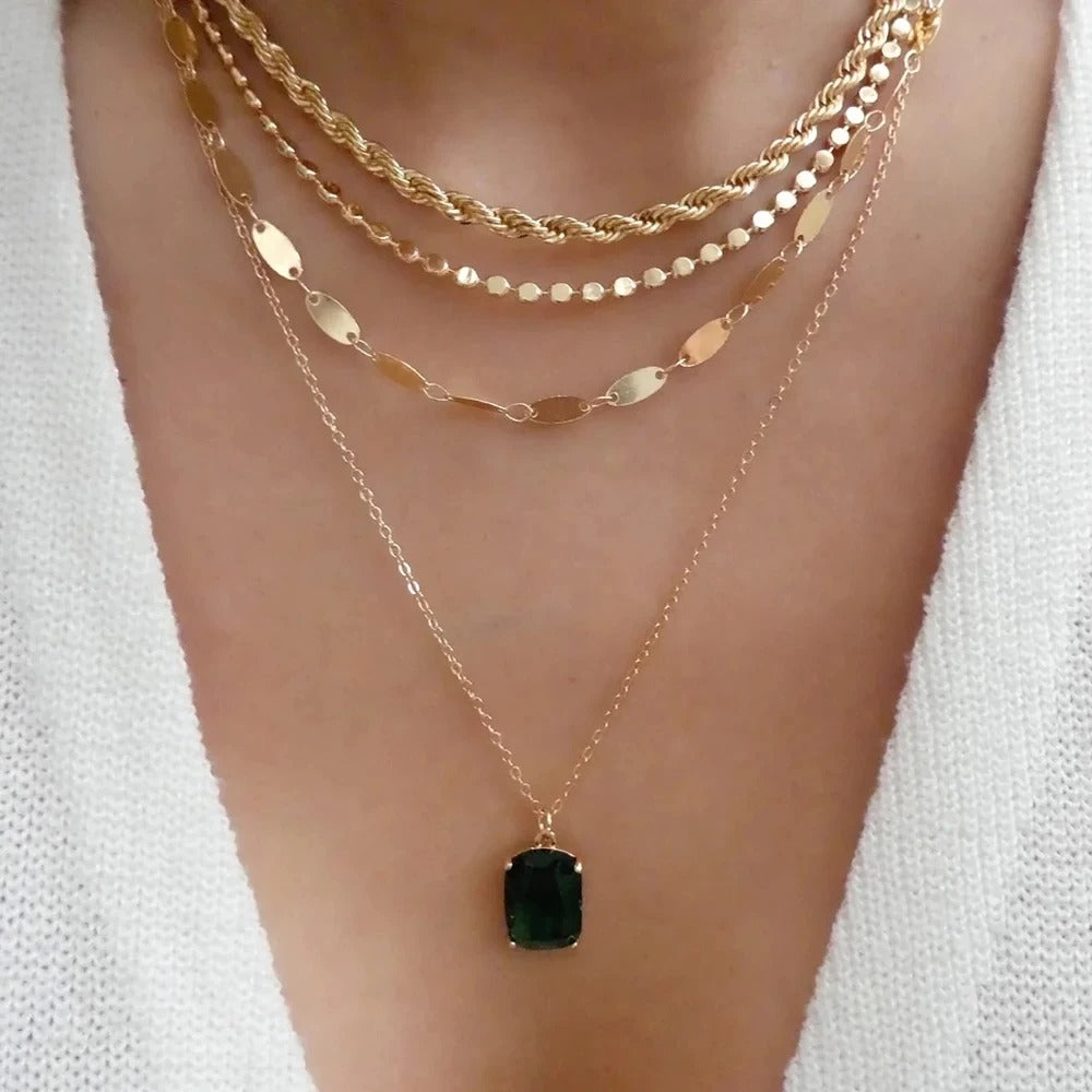 Multi-layered Stainless Steel Square Necklace For Women Color Rectangular multicolor Crystal Pendant Necklaces Trendy Jewel