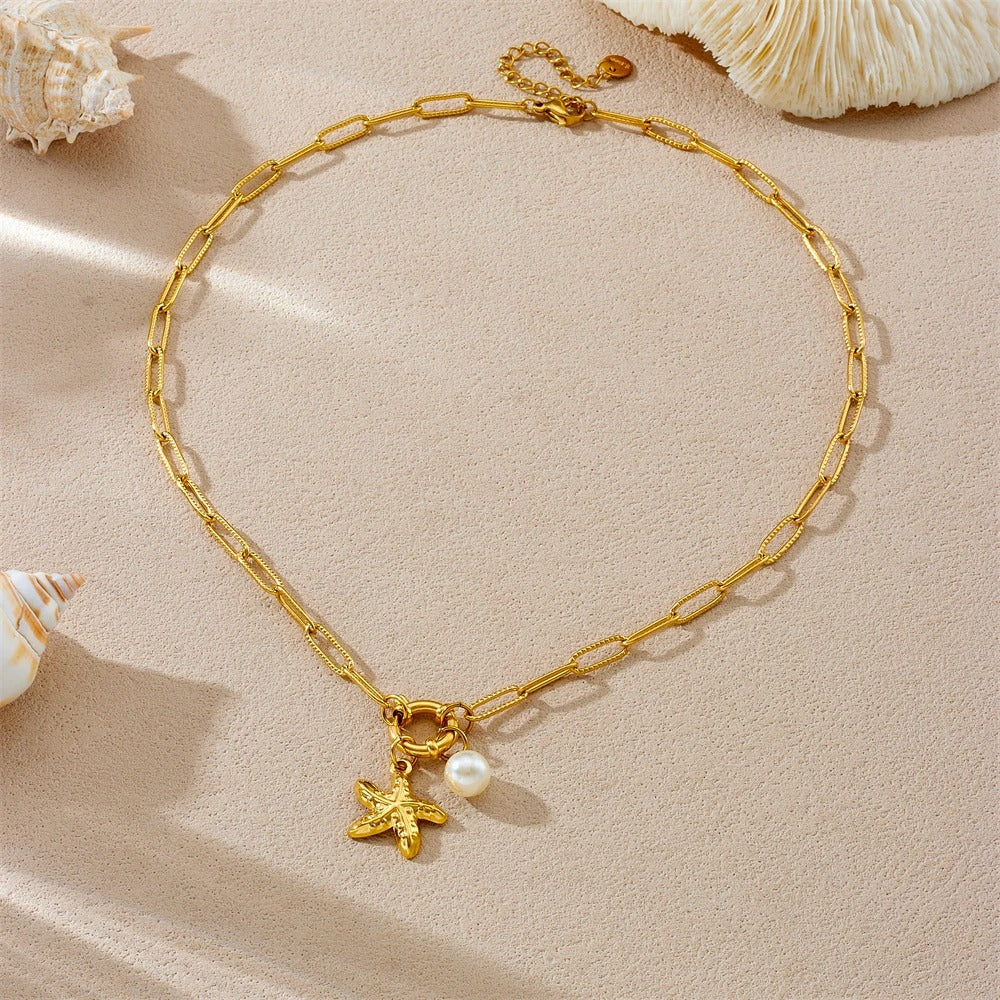 316L Stainless Steel Golden Ocean Style Starfish Pearl Pendant Necklace Lady New Summer Beach Neck Chain Jewelry Gift