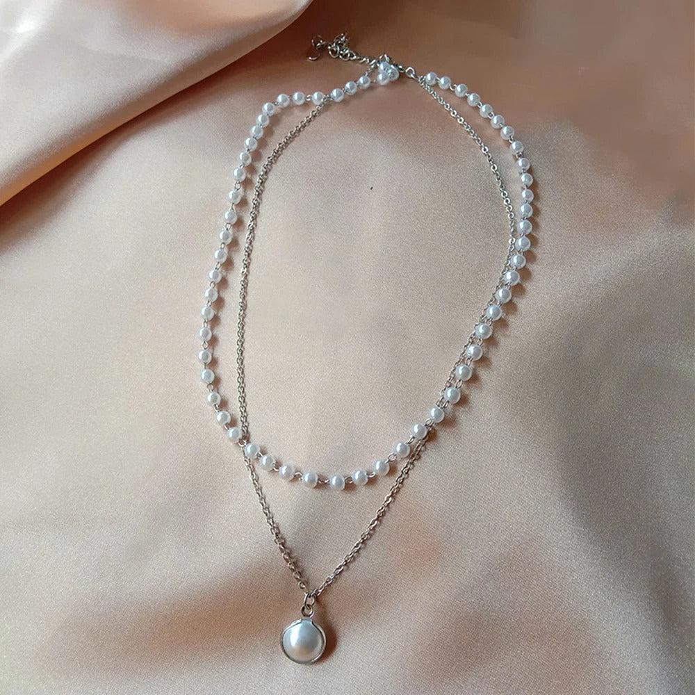 Double Layer Pearl Choker Necklace & Bracelet for Women Girls