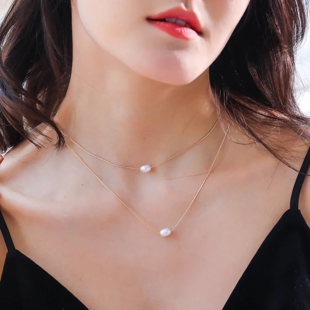 Stainless Steel New Fashion Exquisite Beaded Double Layer Imitation Pearl Chandel Chain Necklace and Stainless Steel Pendant