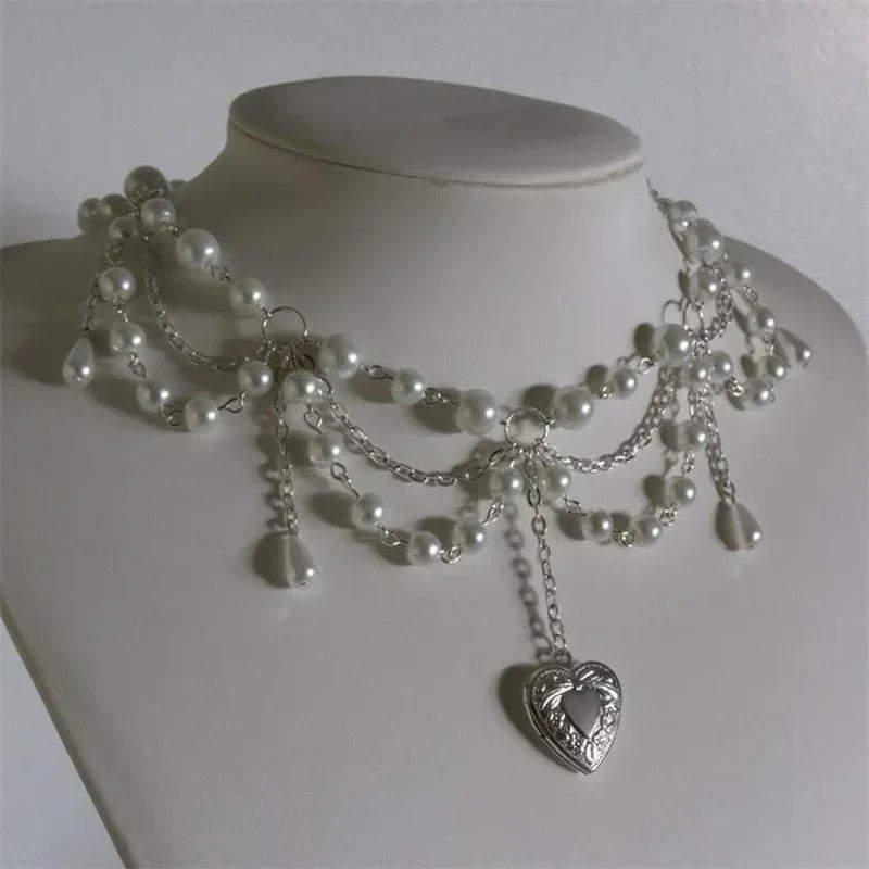 Pearl Heart Locket Style Layered Necklace Handmade Y2K Necklace Perfect For Weddings Prom or Victorian/Regency Cosplay Jewelry