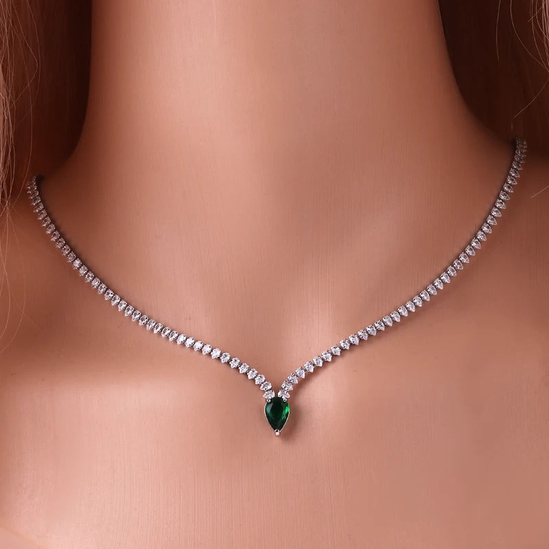 High Quality Chain Water Drop Cubic Zirconia Light Blue Necklace for Women 18K Gold Plated Bridal Wedding Party Jewelry
