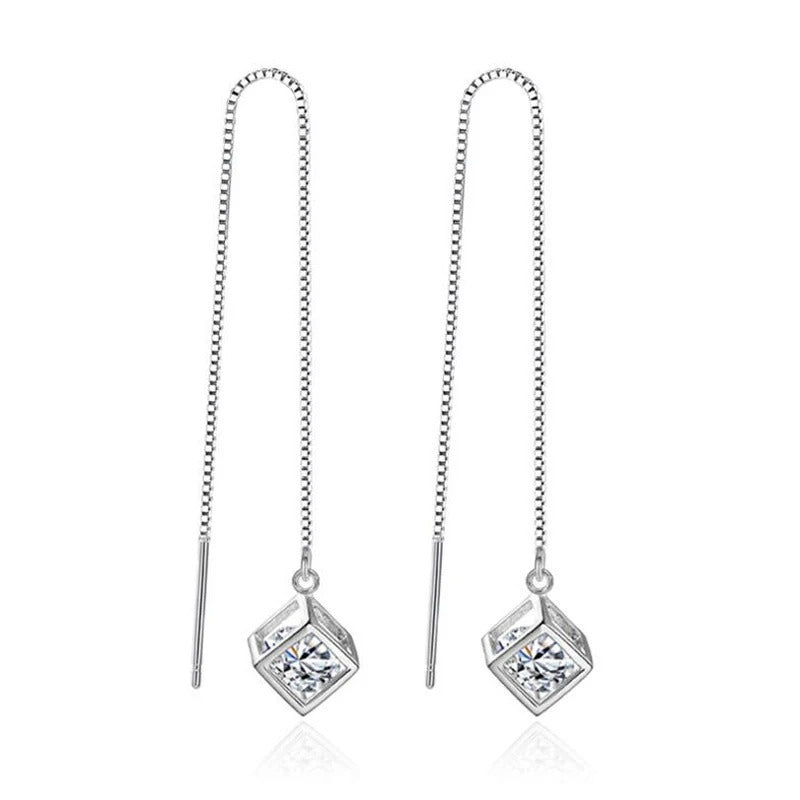 Fashion Silver Cube Love Window Zirconia Drop Earrings Women