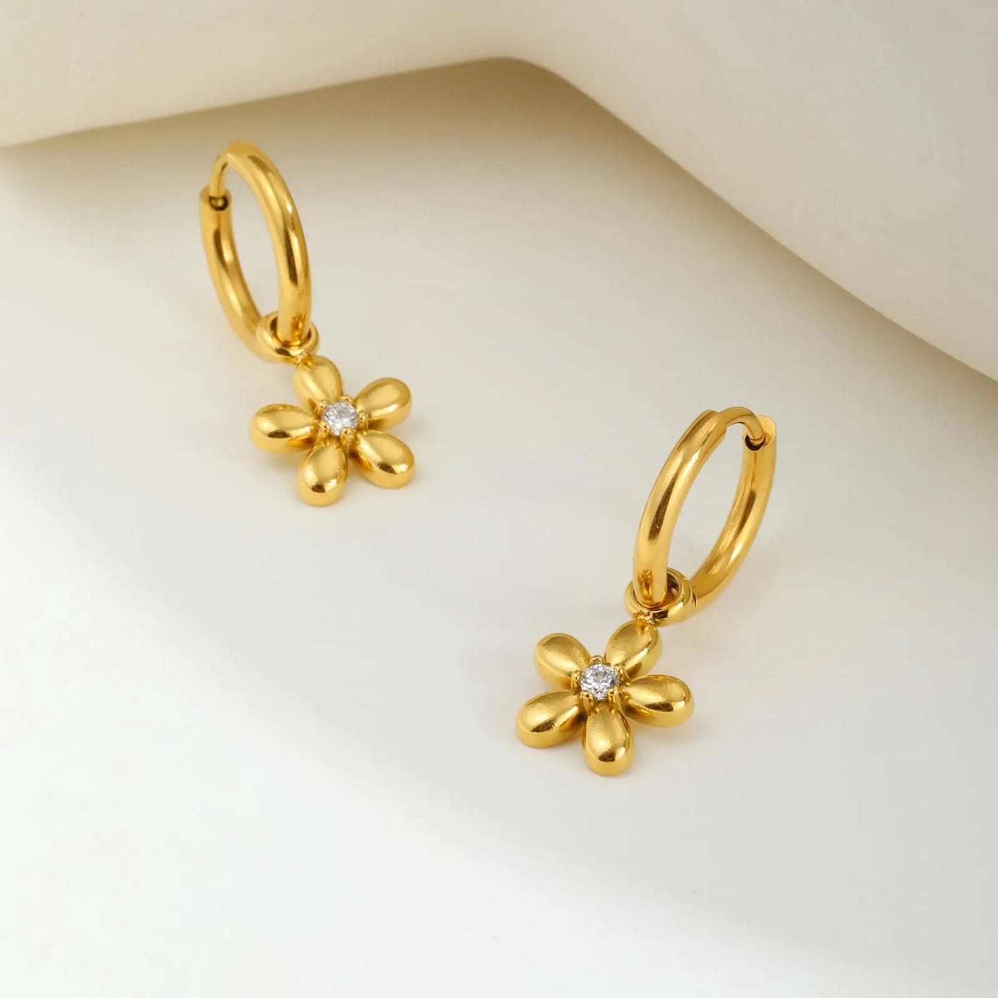 Gold Zircon Flower Hoop Earrings for Women Fashion Stainless Steel Jewelry