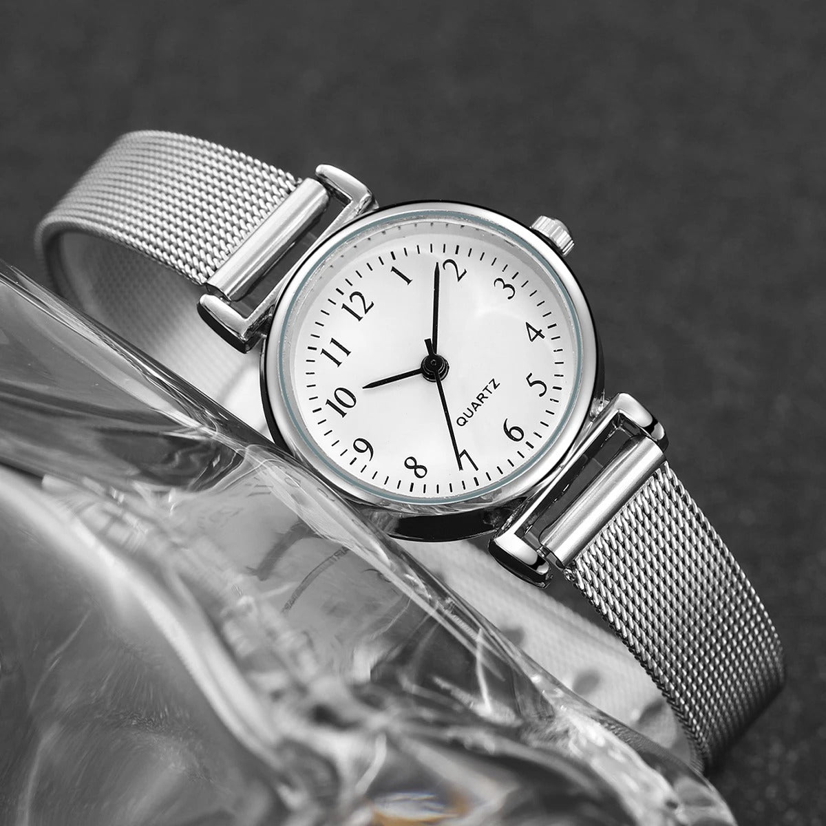 2PCS Fashion Arabic Dial Women Quartz Watch Steel Mesh Band Watches Opening Cuff Bracelet Bangle Set(Without Box)
