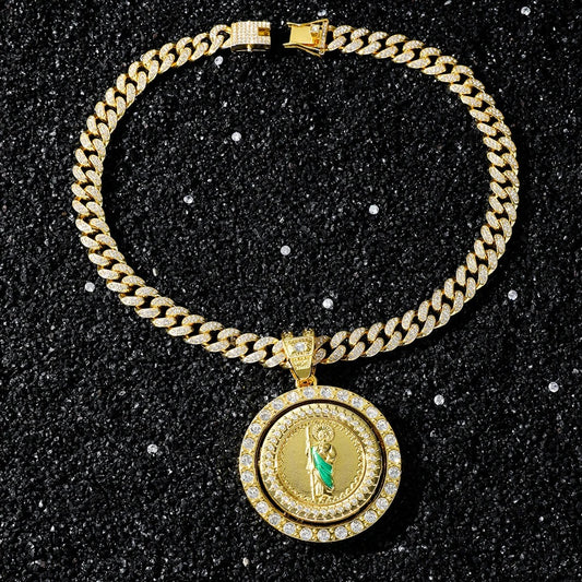 Men's Hip Hop Rotatable Pendant Necklace with Cuban Chain Religious rotation Pendants Jewelry