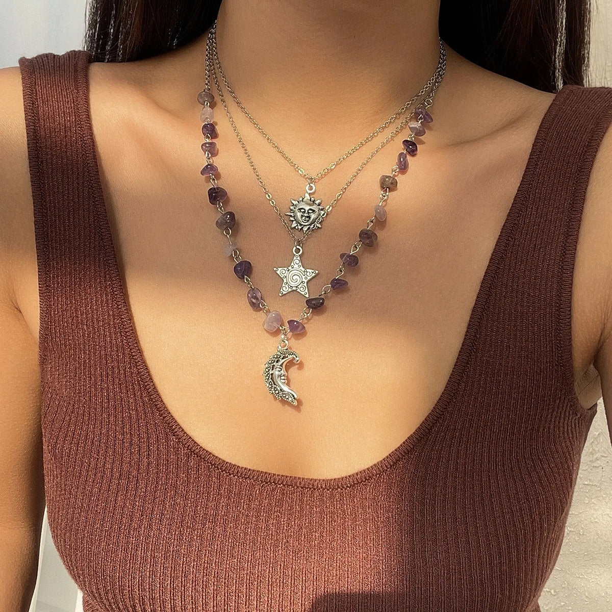 Retro Moon, Sun, Star Pendant Necklace 2025 Women's Multi layer Gold Color Metal Colored Stone Weaving Girls' Fashion Jewelry