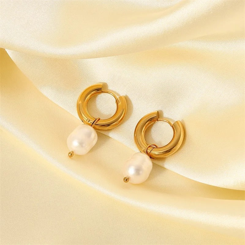 2025 Stainless Steel Gold Plated Pearl Pendant Earrings Simple Trendy Women’s Party Jewelry
