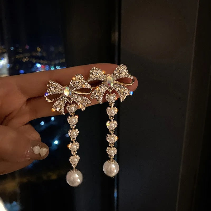 Rhinestone Dangle Earrings for Women Long Tassel Pearl Earrings Weddings Party Jewelry