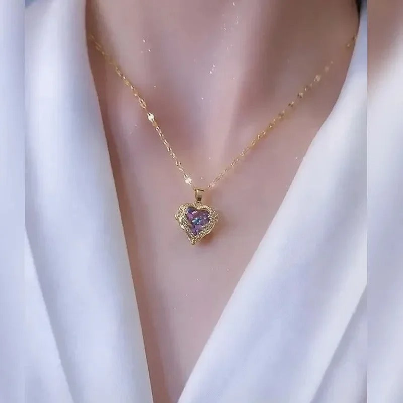 Luxury Colorful Crystal Ocean Heart Pendant Necklace For Women Fashion Stainless Steel Neck Chain Female Wedding Jewelry