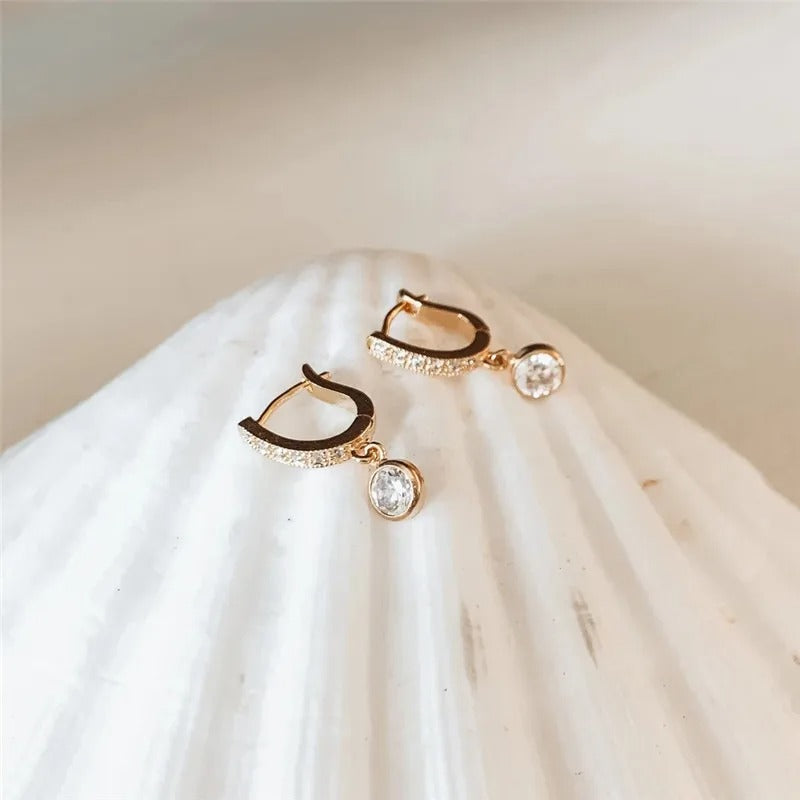 Simple Gold Drop Earrings Women Round CZ Charm Jewelry