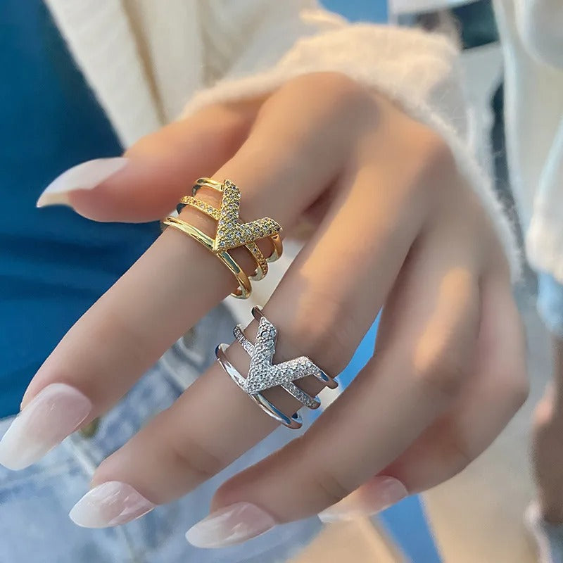 LIVVY Fashion Silver Color V-shape Three-layer Zircon Adjustable Rings For Woman Fashion High-end Trend Jewelry Accessories