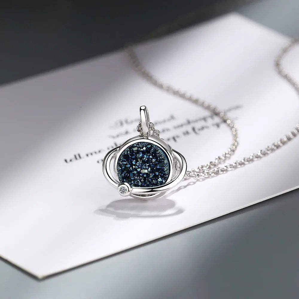 925 Sterling Silver Planet Blue Crystal Pendant Necklaces For Women Elegant Luxury Jewelry Accessories