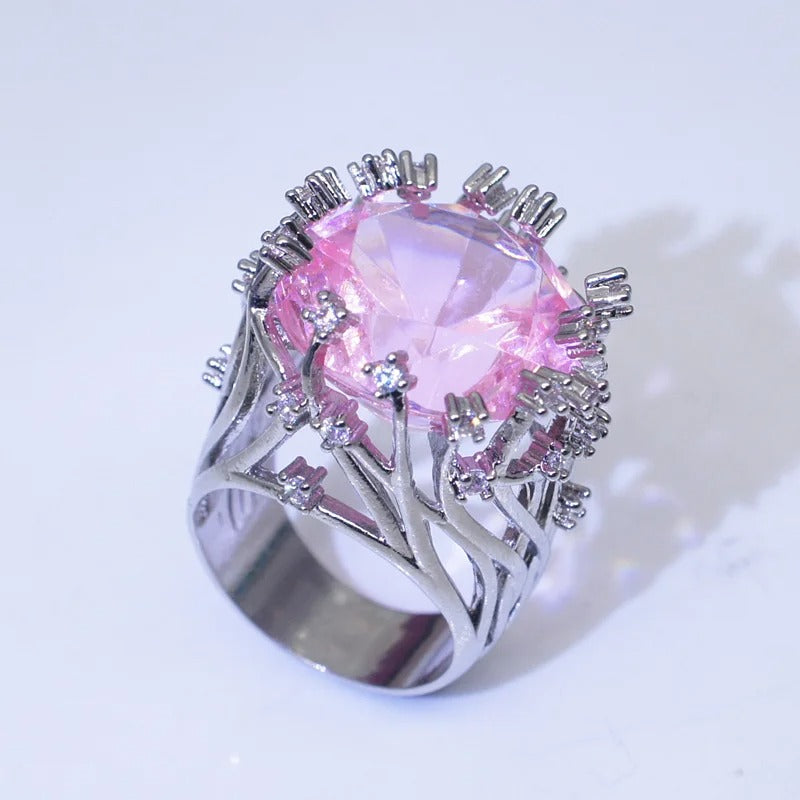 New 925 Silver Pink Crystal Zircon Exaggerated Ring Women