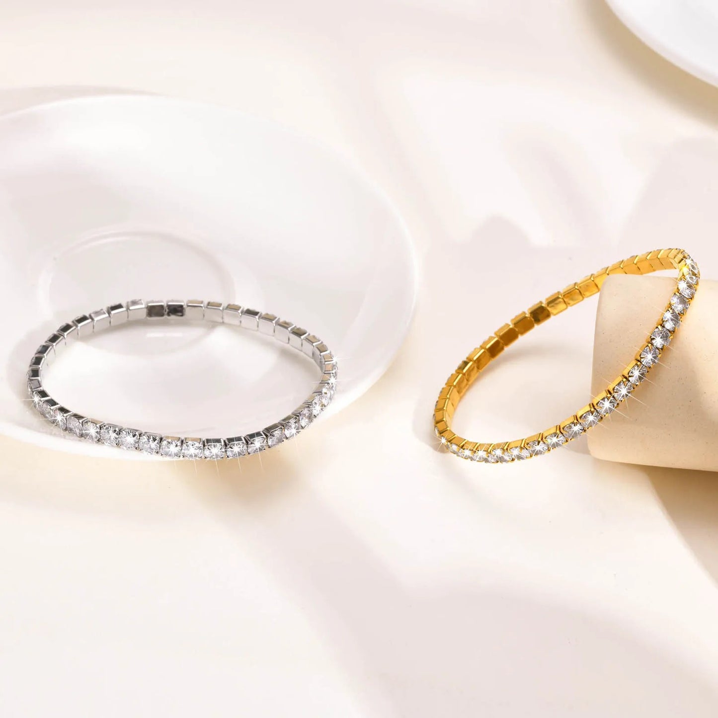 Cubic Zirconia Tennis Bracelet for Women, Elastic Stainless Steel Rose Gold Color Hand Chain, Minimalist Link Jewelry