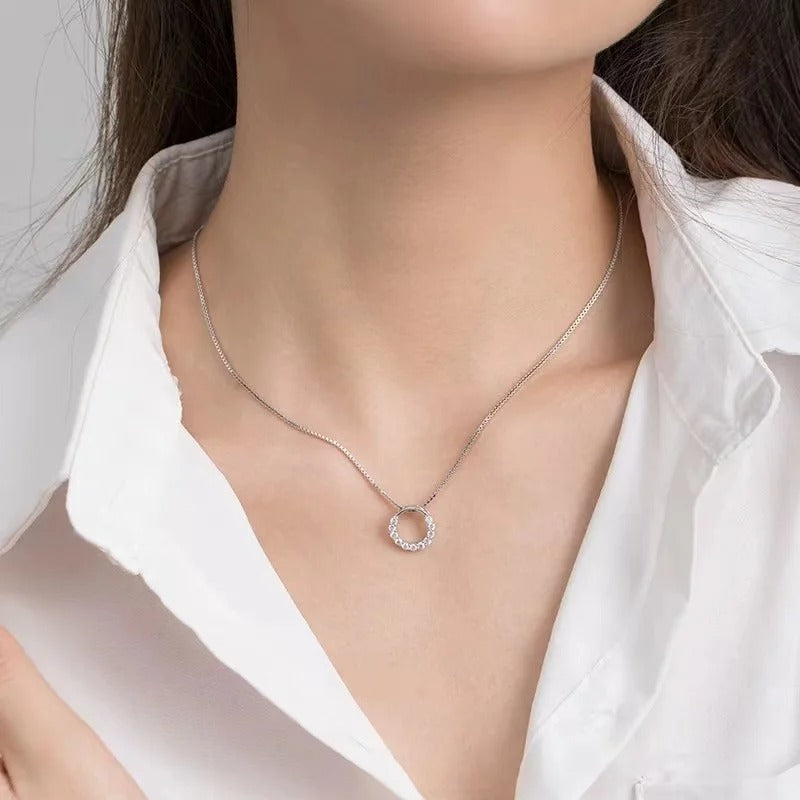 New 925 Sterling Silver Round Zircon Necklace Simple Style Pendant Choker Shiny Charm Woman Necklace Birthday Gift Fine Jewelry
