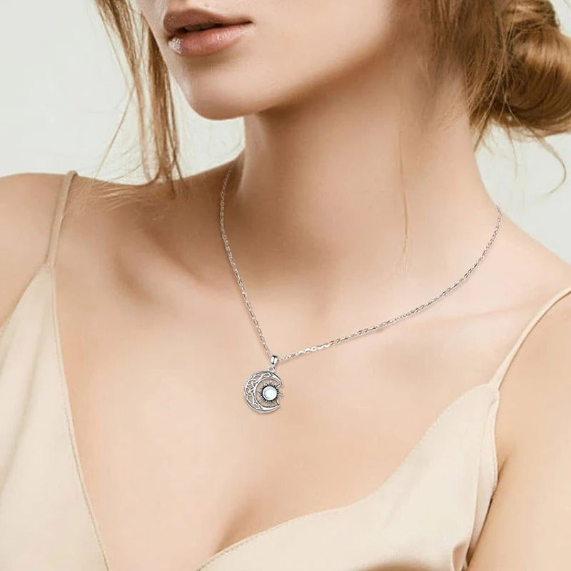 Sun and Moon Design Women's Pendant Necklace with Imitation Opal Stone Boho Style Beach Vocation Jewelry Gift