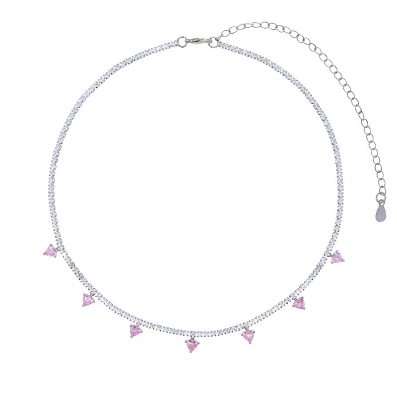 2MM Thin CZ Tennis Chain Pink Heart Shaped Cubic Zirconia Drop Charm Sparking Women Fashion Choker Necklace