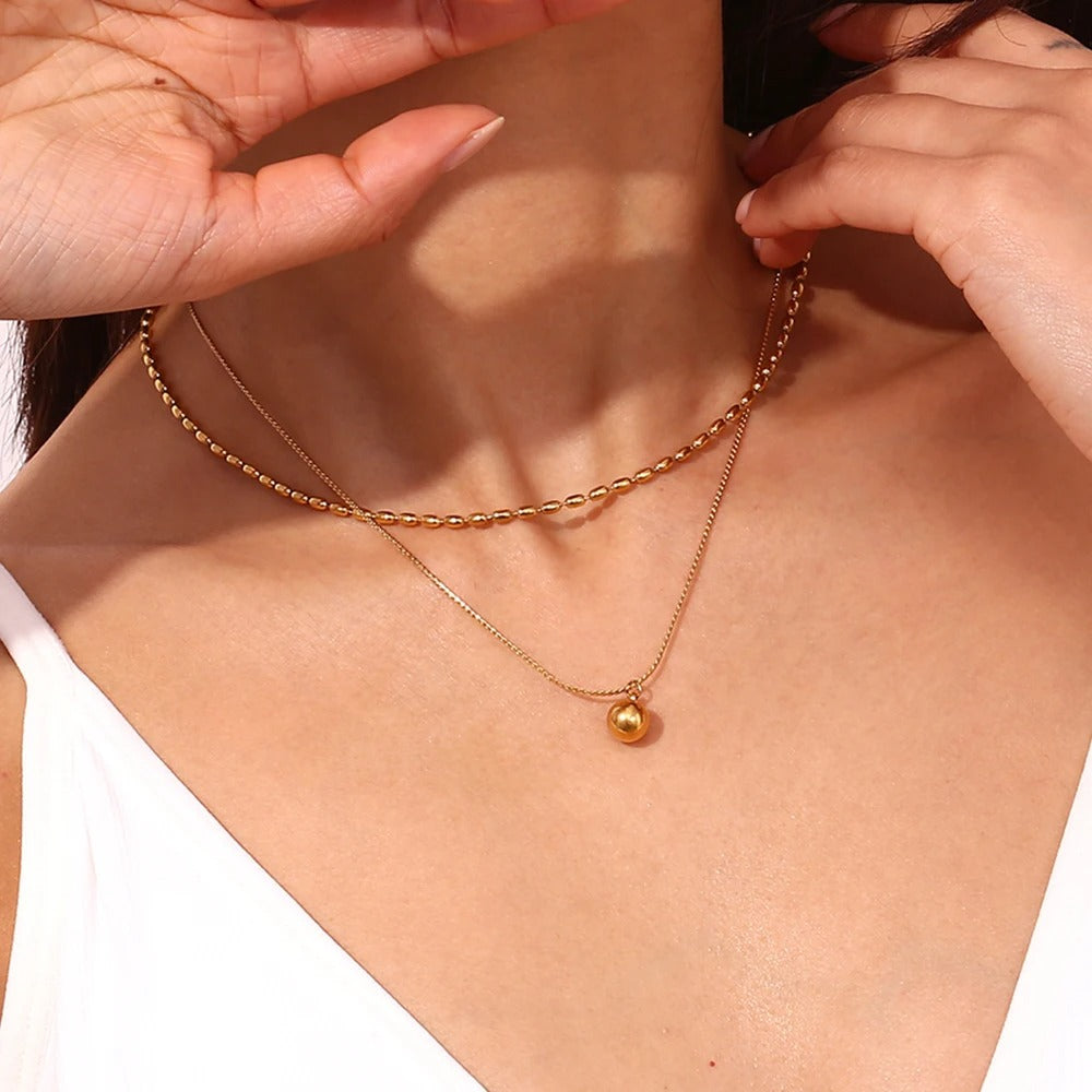 E.B.belle Simple Double-layer Rice bead Pendant Necklace 316L Stainless Steel Decoration 18K Gold Plated Jewelry