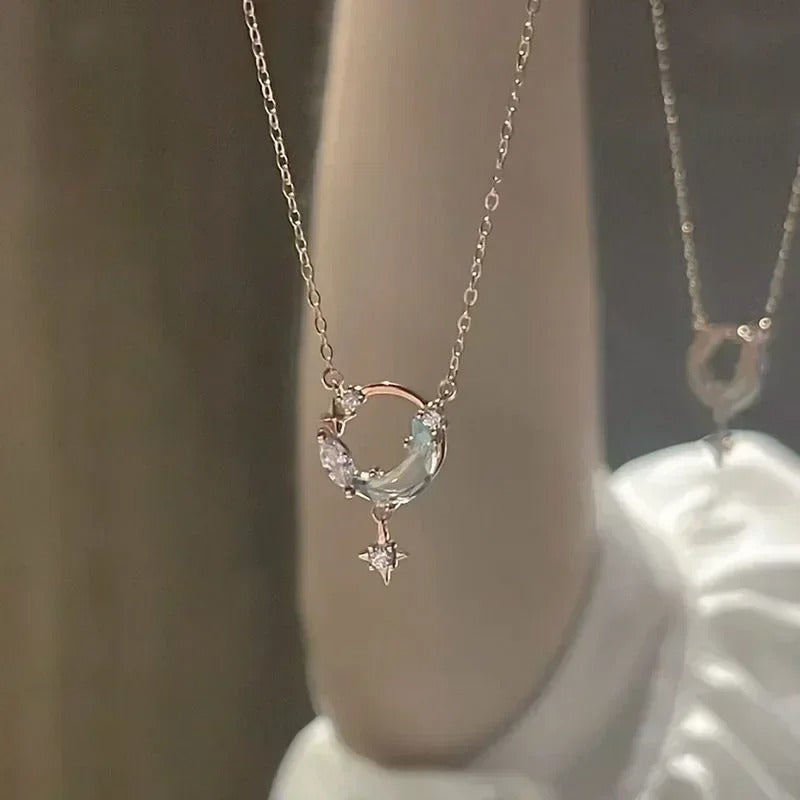 Korean Crystal Star and Moon Chokers, Colorful Enamel Stone Pendant Necklaces for Women, Neck Chain, Fashion Jewelry Gifts