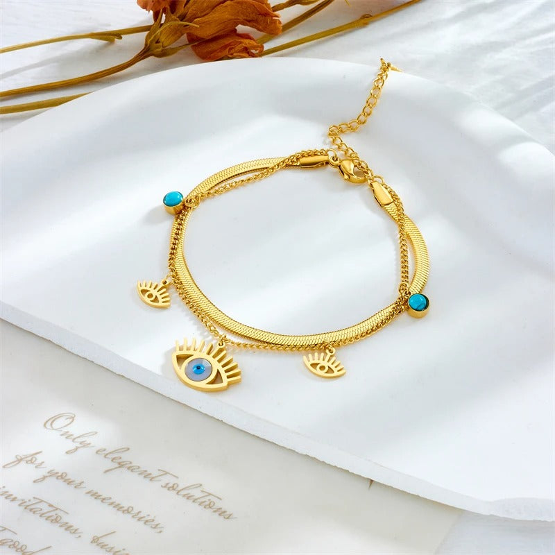 DIEYURO 316L Stainless Steel 2-Color Multilayer Retro Eyes Charm Bracelet For Women Girl New Waterproof Jewelry Gift Party