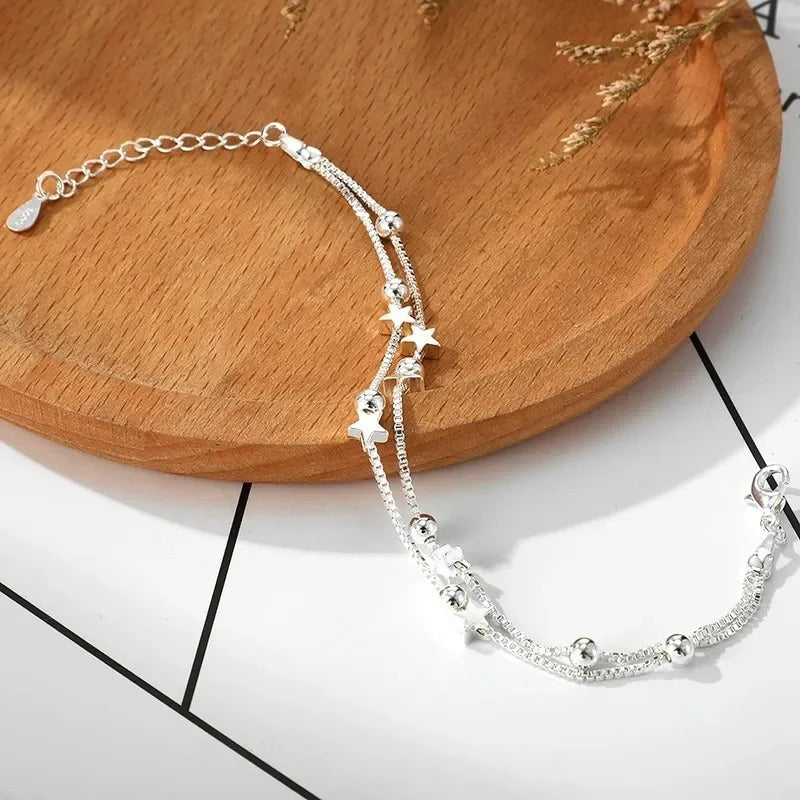 Sterling Silver Double Layers Stars Beads Bracelets for Women Elegant Box Chain Charm Bracelet Birthday Party Gift