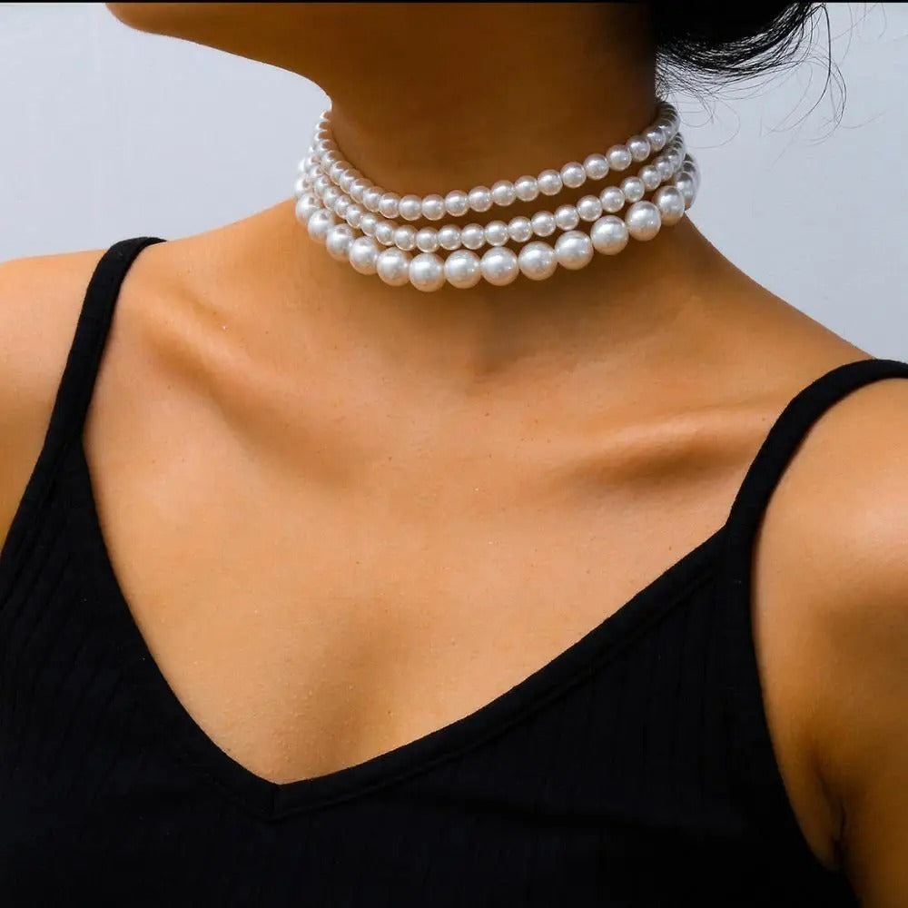 Multi-Layer White Imitation Pearl Necklace Bead Chain Punk Ladies Wedding Short Necklace Girl Charm Banquet Jewelry