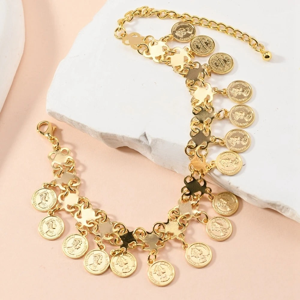 Gold Coin Tassel Anklet Fashion Alloy Foot Chain for Women, Wedding and Party Decoration