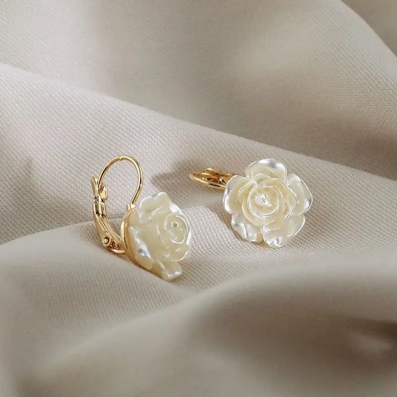 White Camellia Flower Dangle Earrings Women Elegant Summer Gift