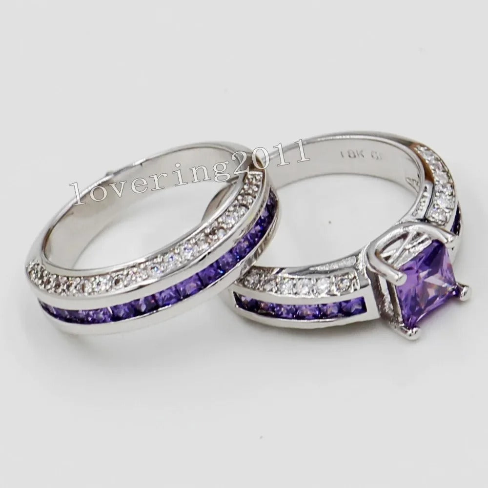 Lovers Lab Amethyst Promise Ring Set 10KT White Gold Wedding Band Rings for Women Men Jewelry Gift