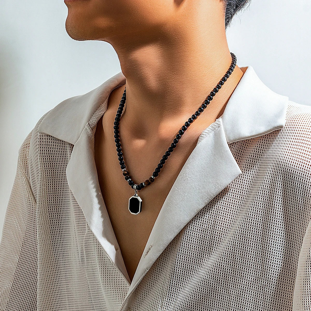 Salircon Simple Black Tiger Stone Beaded Clavicle Necklace Punk Geometric Stainless Steel Pendant Choker For Men Casual Jewelry