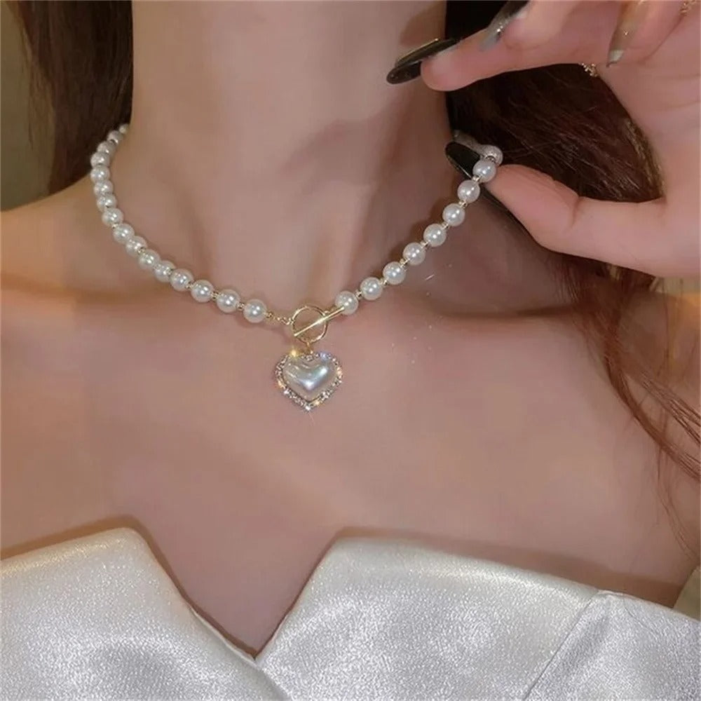 Simple Acrylic Love Pendant Necklace For Women Fashion Imitation Pearl Chain Choker Trendy Jewelry Accessories