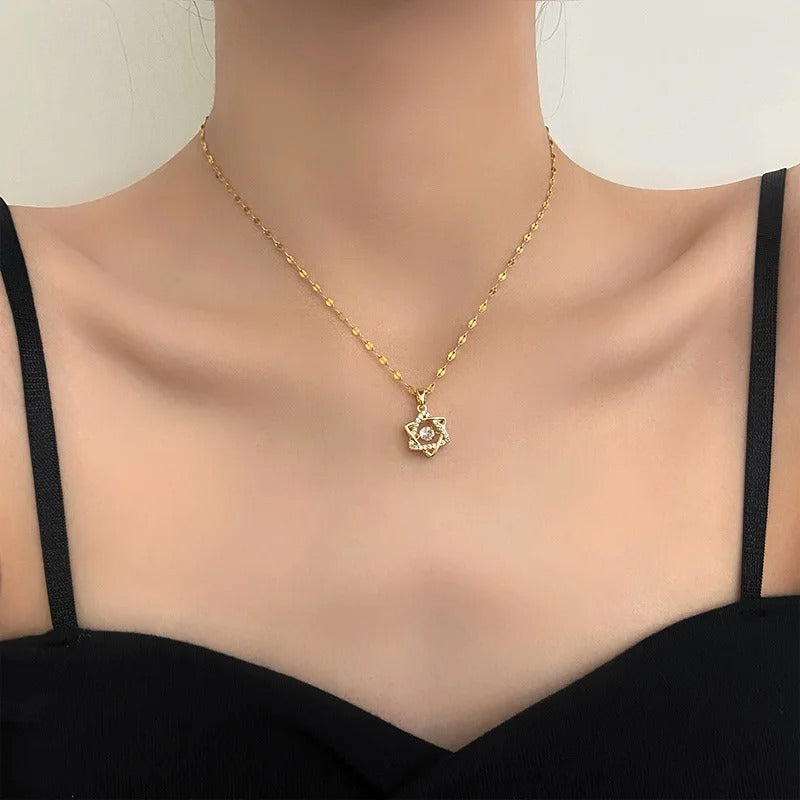 Star Stainless Steel Chain Necklace Transparent Rotate Zircon Pendant Necklace Couple Jewelry Christmas Gift