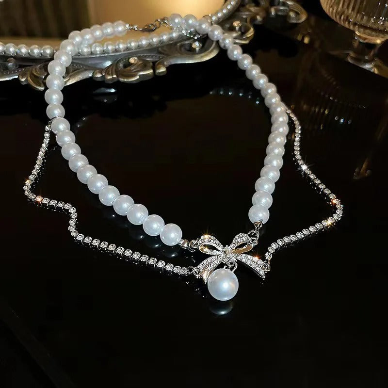 Kpop Irregular Bow Double Chain Zircon Choker Necklace