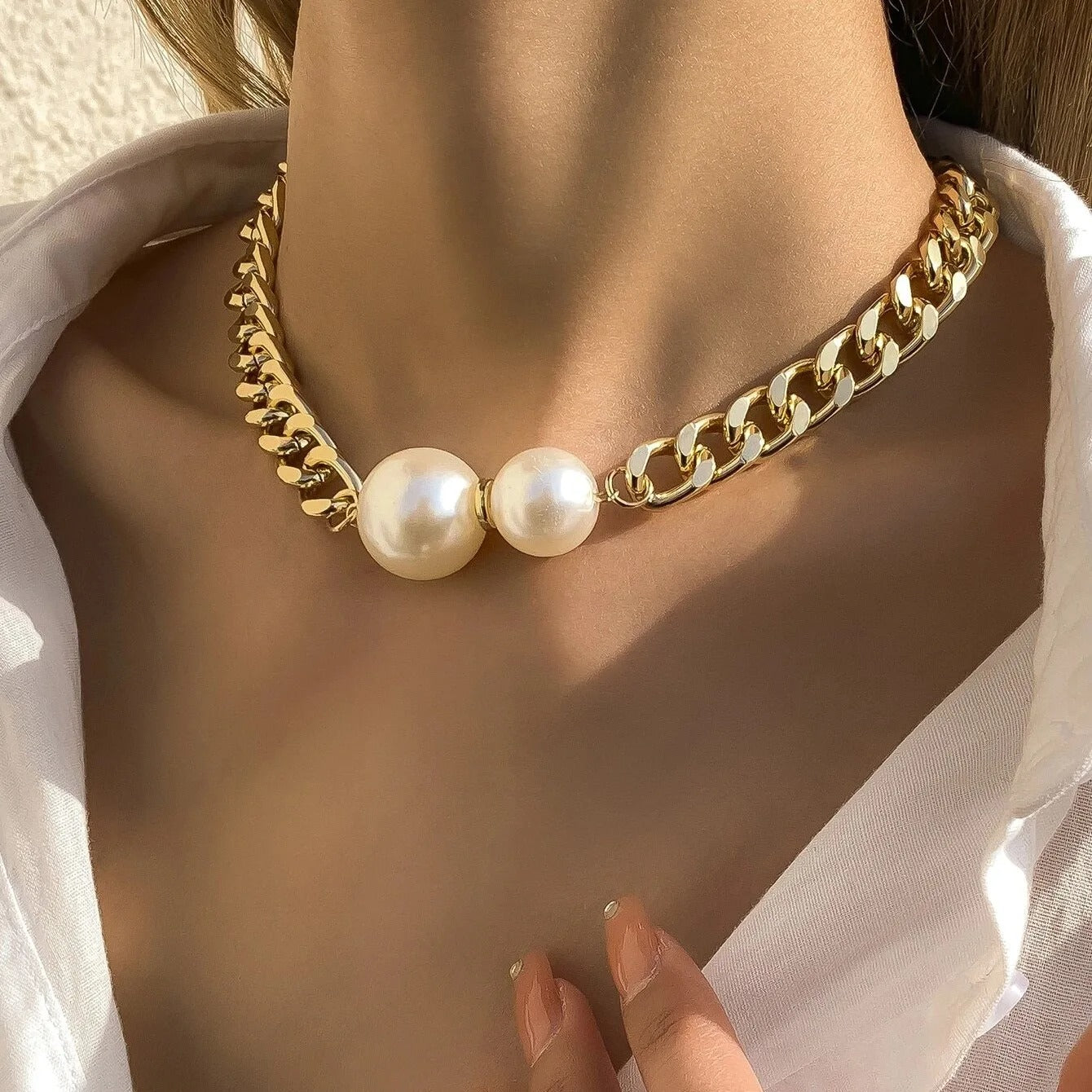Imitation Pearl Exaggerated Pendant Necklace Retro Thick Chain Choker European American Style Hot-Selling Jewelry Accessory