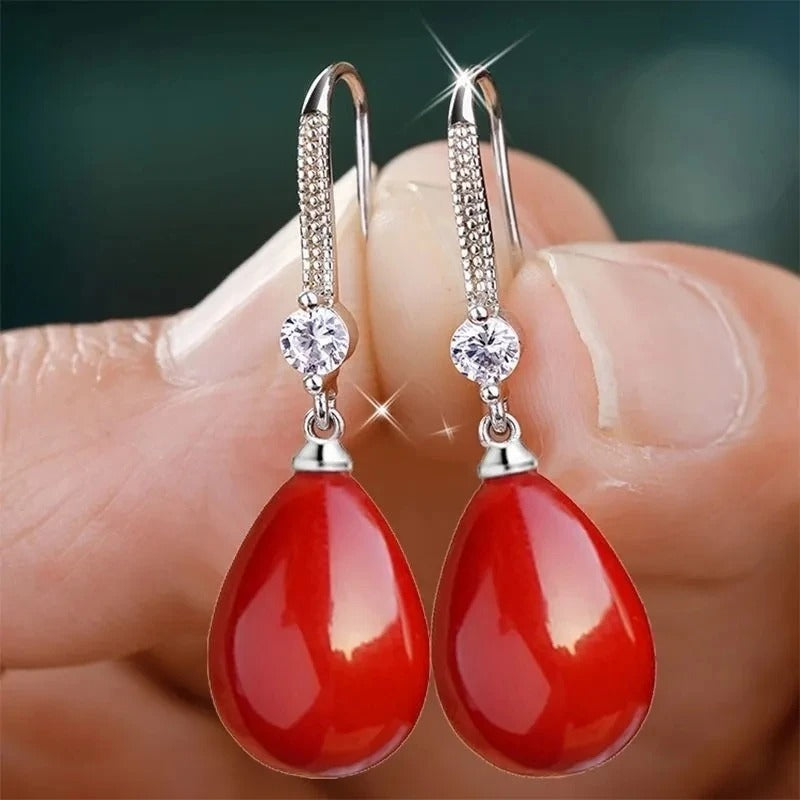 2025 Elegant and Fashionable Women's Water Drop Imitation Pearl Earrings Red and White Round Oval Wedding Jewelry Birthday Gifts