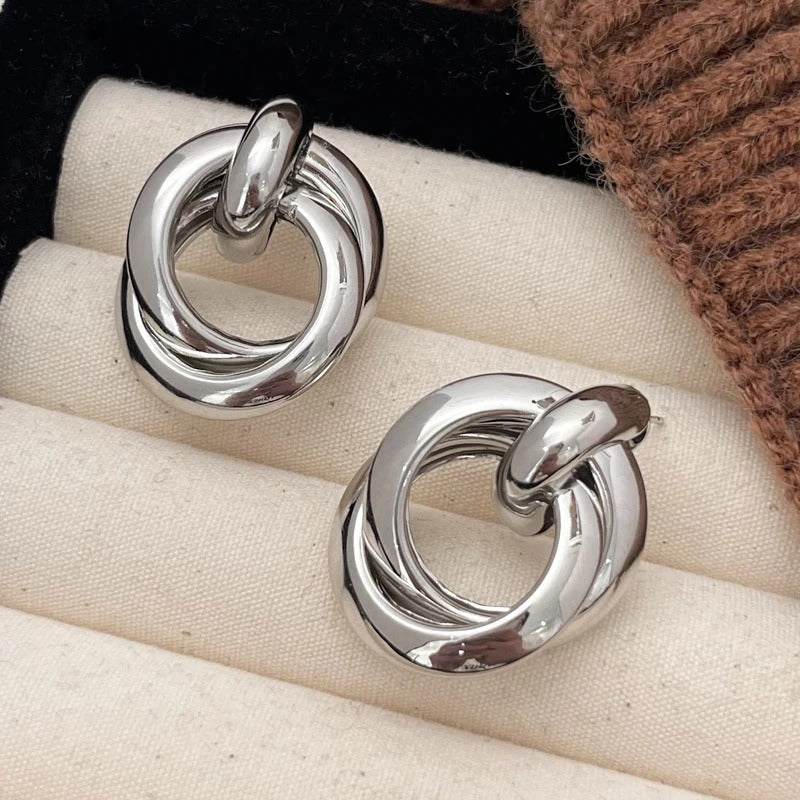 Double Layer Round Circle Dangle Earrings for Women Vintage Simple European Golden Metal Drop Earrings Jewelry Gift