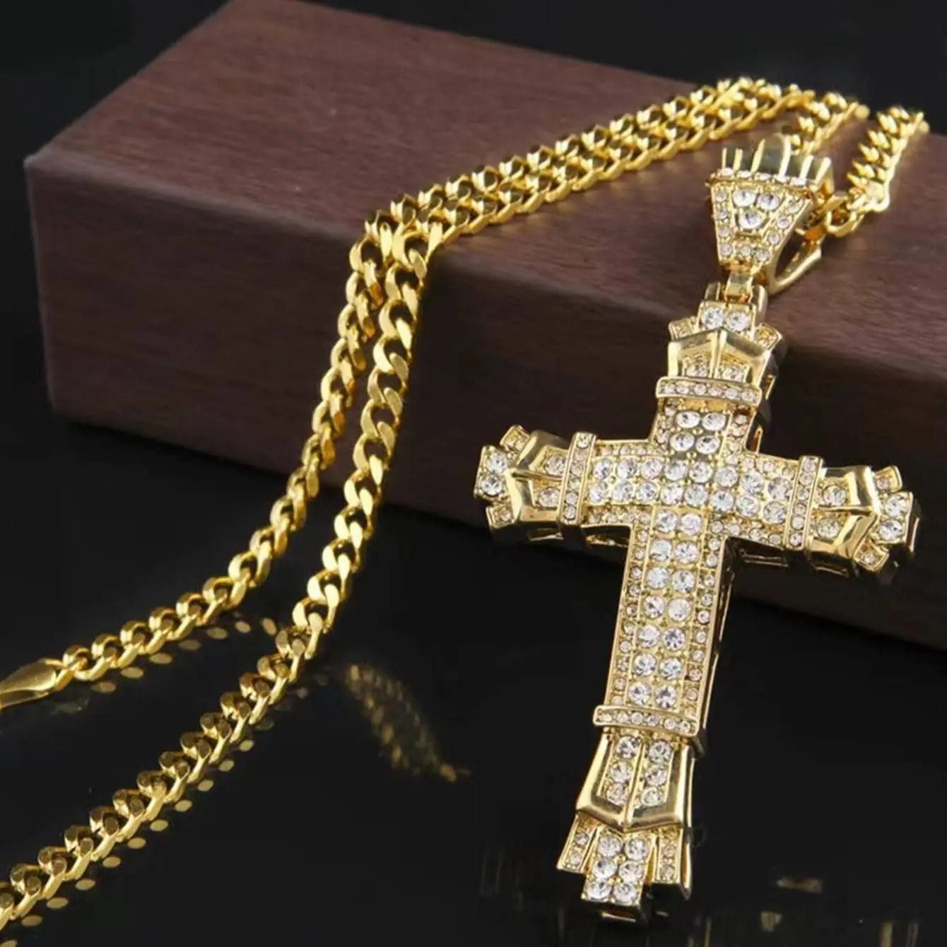 1 Simple Style MEN'S Rhinestone Christian Cross Rhinestone Pendant Necklace Personality Fashion Street Domineering Chain Jewelry