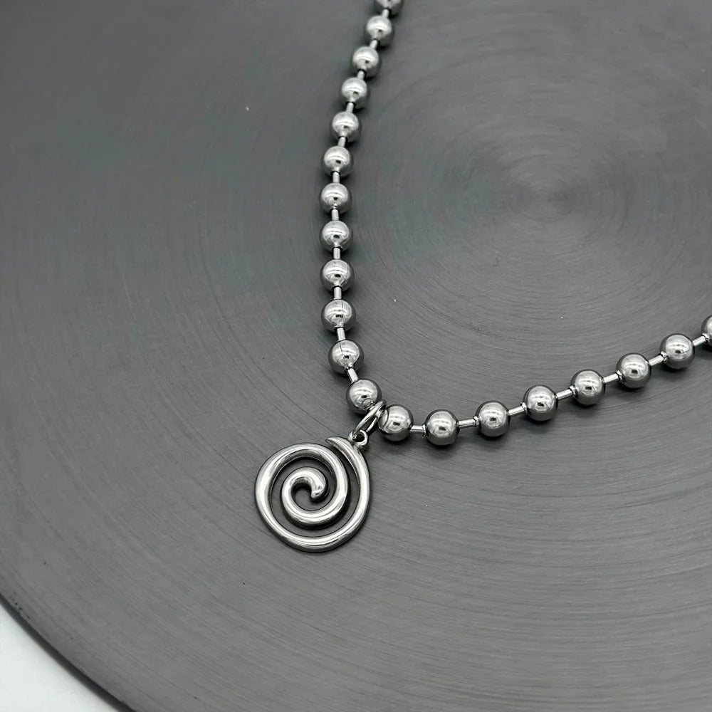 Y2K Stainless Steel Beads Chain Spiral Vortex Pendant Choker Necklace for Women Men Punk Grunge Aesthetic Necklace Jewelry