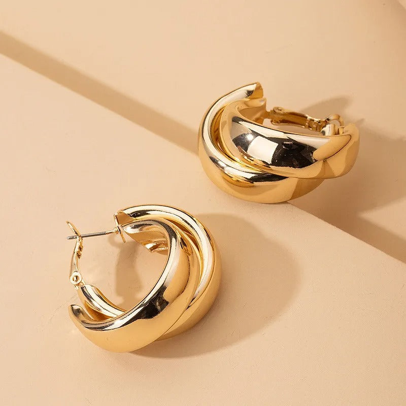 Hoop Earrings for Women Girls Gold Color Double Ring Thick Geometric Drop Earrings Statement Jewelry Gift