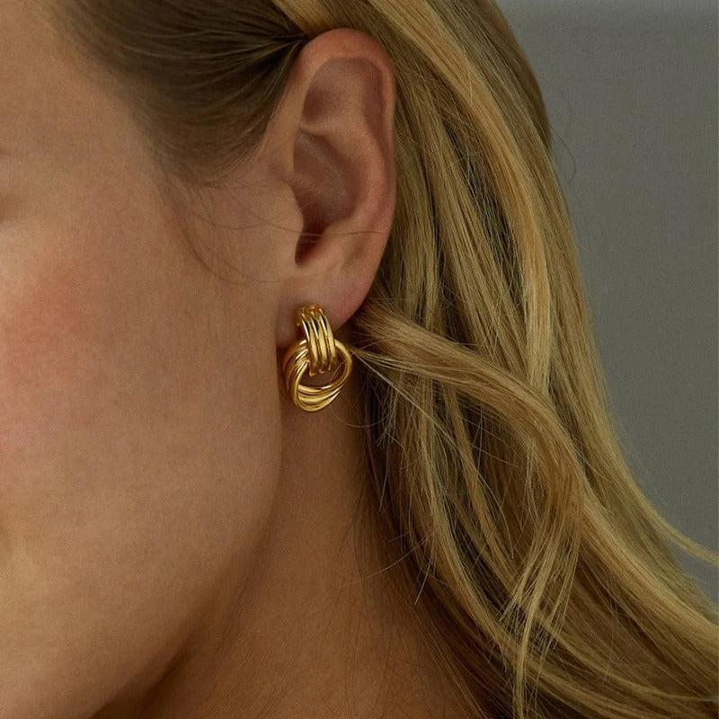 Vintage Gold Plated Triple Knot Stud EarringsTwisted Small Circle Stainless Steel Punk Jewelry for Women