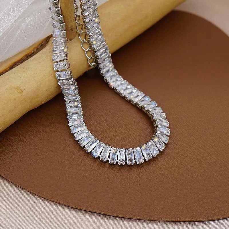 Stainless Steel Silver Color Zircon Choker Necklace for Women Exquisite Crystal Rectangle Geometric Necklace Wedding Jewelry