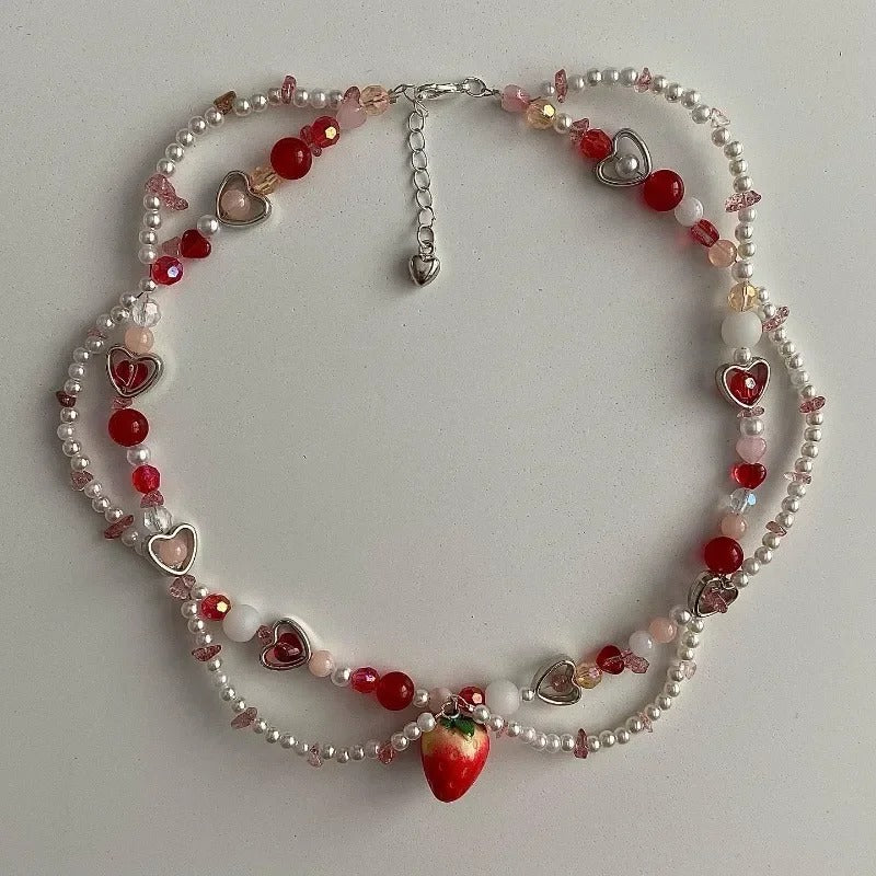 Sweet Charm Imitation Pearl Chain Strawberry Pendant Necklace for Women Wed Bridal Love Heart Choker Aesthetic Jewelry